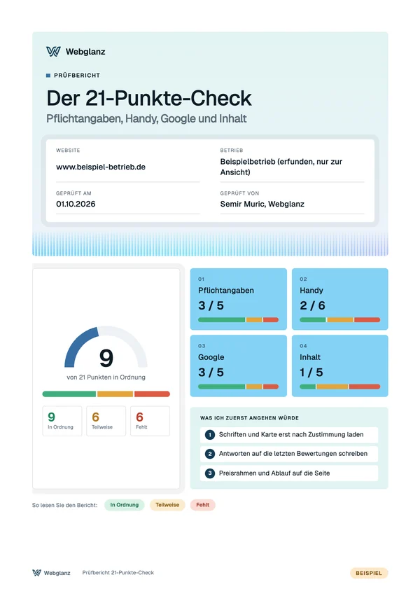 Erste Seite eines Prüfberichts zum 21-Punkte-Check