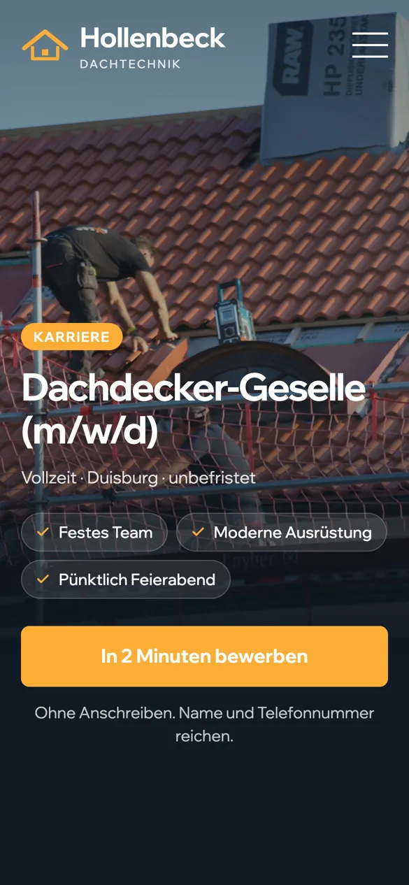 Karriereseite für den erfundenen Betrieb Hollenbeck Dachtechnik auf einem Smartphone
