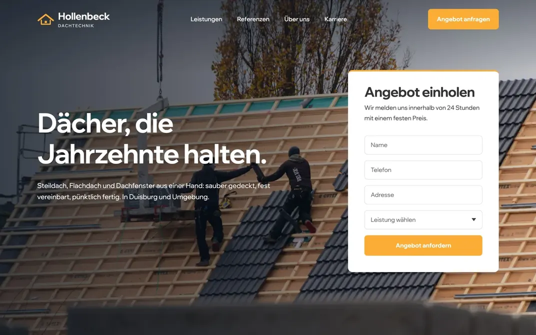 Desktopansicht des Website-Entwurfs für den erfundenen Betrieb Hollenbeck Dachtechnik