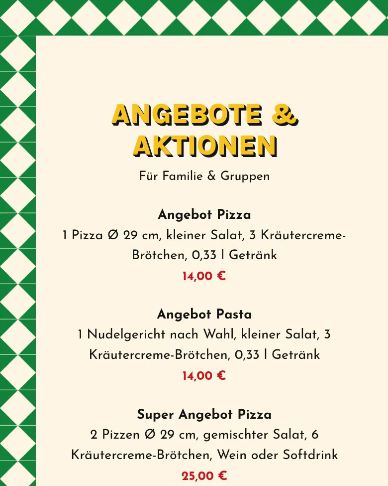 Ausschnitt der Speisekarte im grünen Rautenrahmen: Angebote und Aktionen mit Preisen