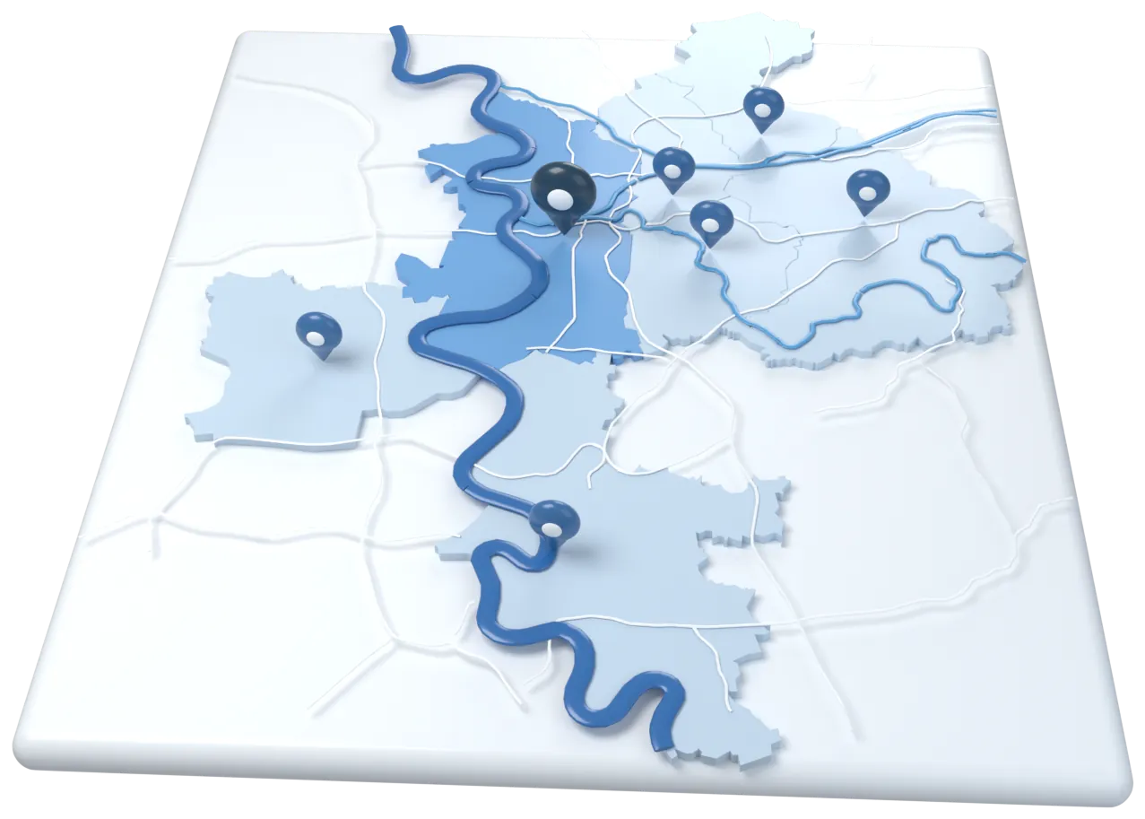 Karte von Duisburg und Umgebung mit Rhein, Ruhr und Autobahnen; markiert sind Duisburg, Oberhausen, Mülheim an der Ruhr, Essen, Bottrop, Krefeld und Düsseldorf