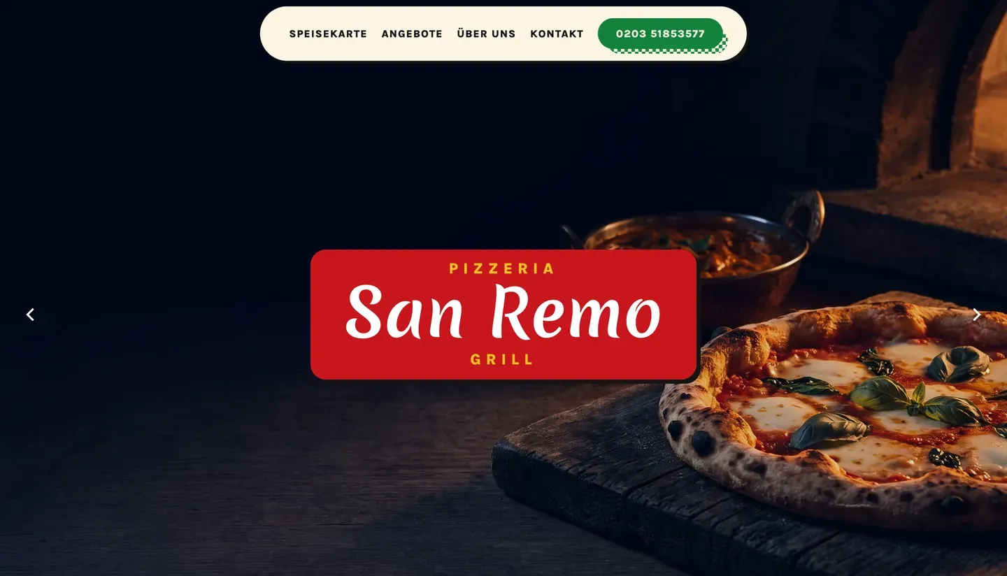 Startseite des Beispiel-Entwurfs für die Pizzeria San Remo