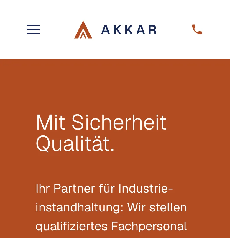Entwurf der Startseite für die Akkar GmbH auf dem Handy