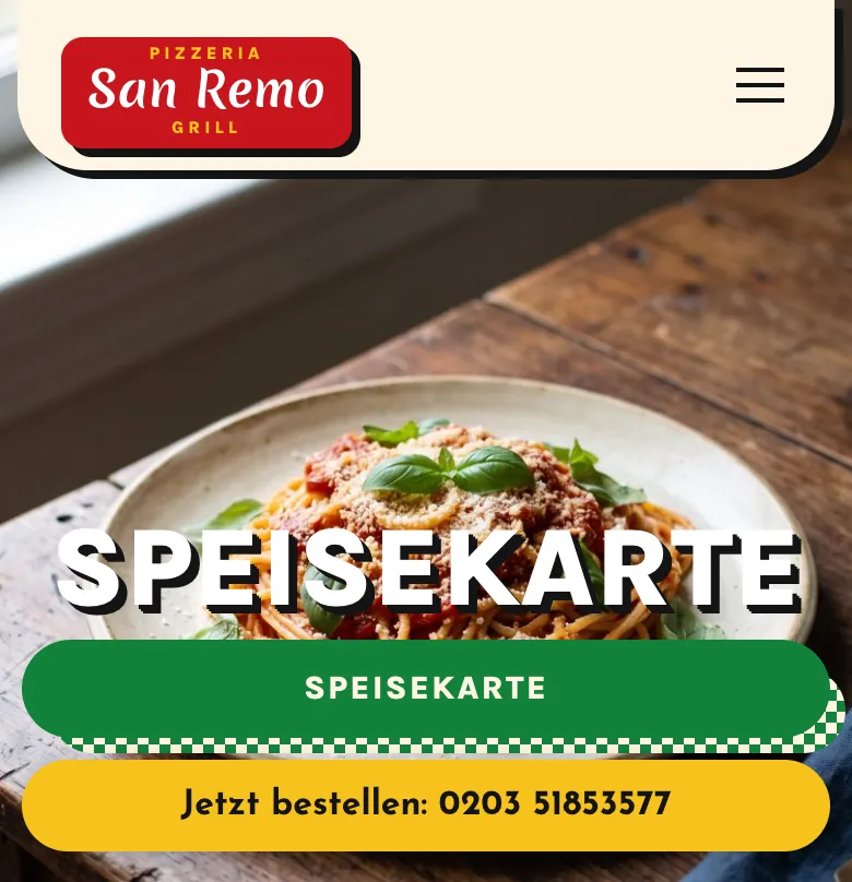 Entwurf der Speisekarte für die Pizzeria San Remo auf dem Handy