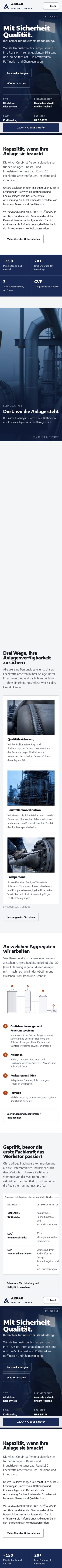 Die gesamte Website der Akkar GmbH auf einem Telefon, vom Titelbereich bis zum Fußbereich