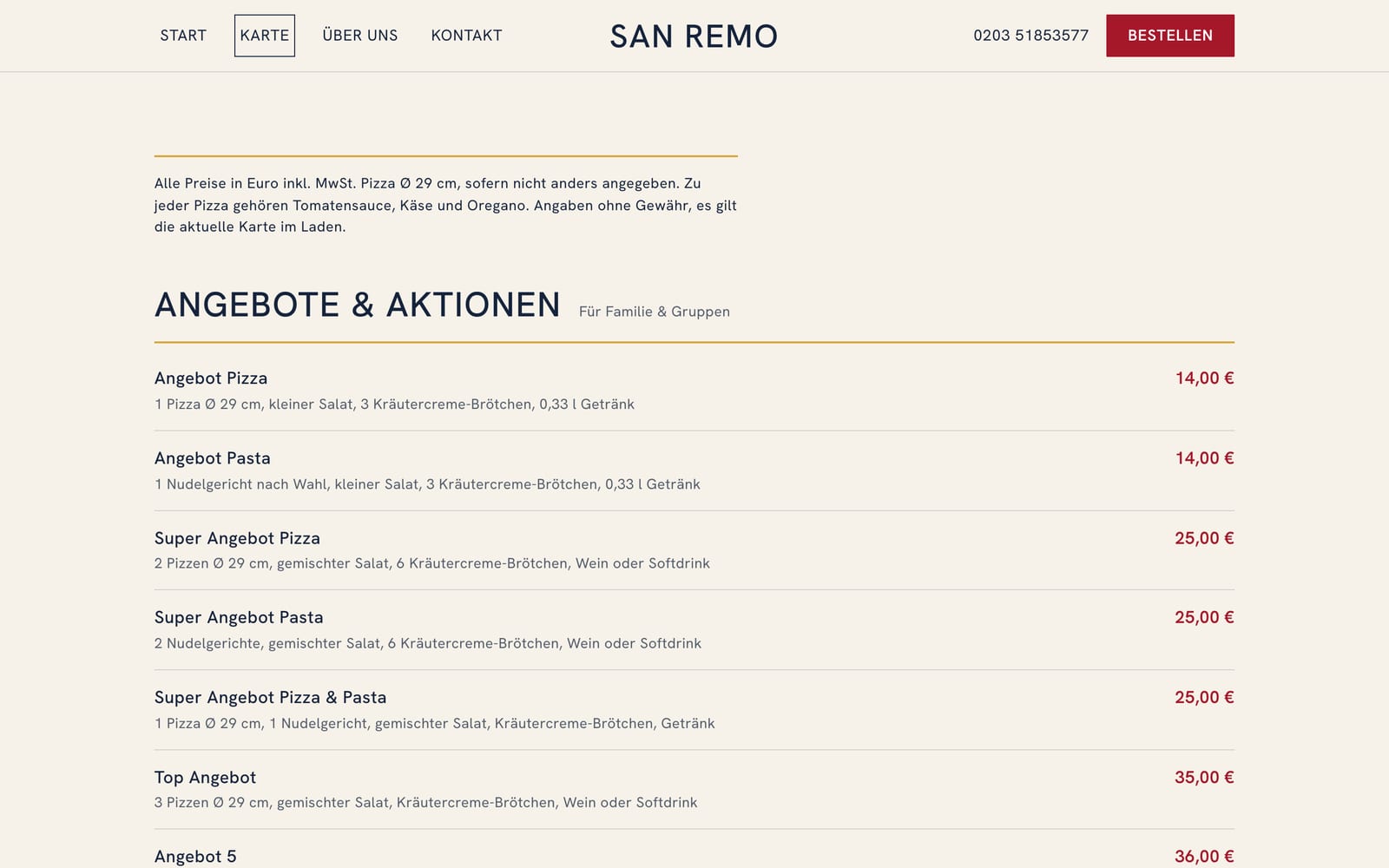 Speisekarte der Pizzeria San Remo als Seite im Browser, nach Gruppen geordnet mit Preisen und Hinweisen zu Zusatzstoffen